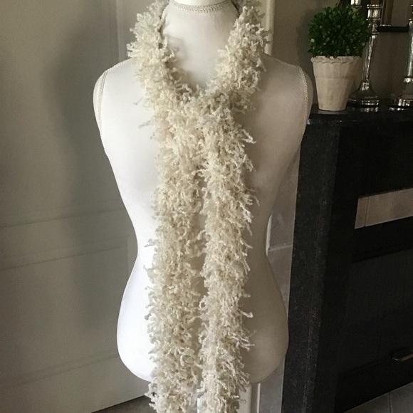 Eyelash Yarn Ivory Scarf Boa LONG 4x90” Maxi Boho Hippie Fringe Rockstar Style - Picture 8 of 14